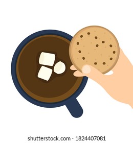 Cup of coffee or hot chocolate with marshmallows and cookies in