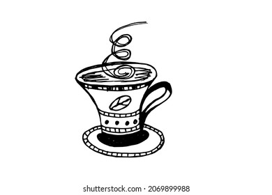 Cup of coffee, hot drink in a glass, freehand drawing with black stroke, white background, illustration for coloring, creativity, printing on paper and fabric