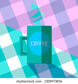 cup of coffee, hot drink on a table. green mug in the kitchen or in coffee house. flat vintage style illustration, vector eps10
