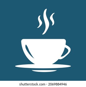 A cup of coffee . Hot drink, restaurant, cafe icon. White silhouette on a blue background. Morning drink: espresso, mocha, cappuccino. Vector.