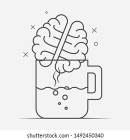 Cup of coffee with a human brain on top of it. Effect of coffee on human brain concept. 