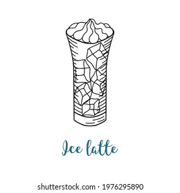 Cup of coffee ice latte. Outline hand drawn logo. Stock vector illustration.