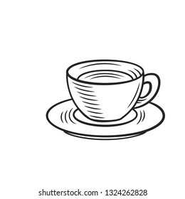 Cup of coffee icon. Badge for cafe design, beverage menu restaurant. Engraving vector illustration.