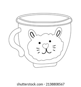 Cup of coffee icon with bunny. Vector cartoon, Black and White coloring illustration