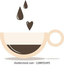 Cup of coffee icon with drops in the form of heart. Isolated on white background