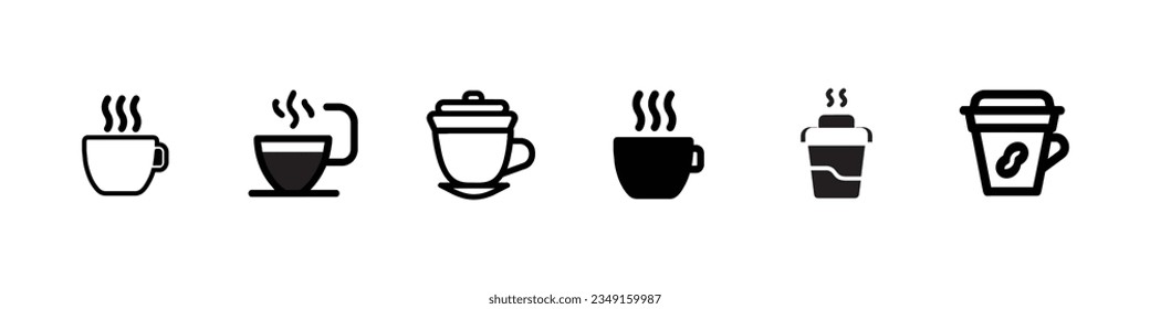 Cup of coffee icon. Cup flat icon. cup of coffee mug cup of tea icon vector, Seed of coffee tea with steam icon in black simple design, Coffee icons