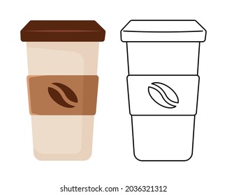 Cup of coffee, icon in flat style isolated on white background. Image in color and black and white. Vector illustration
