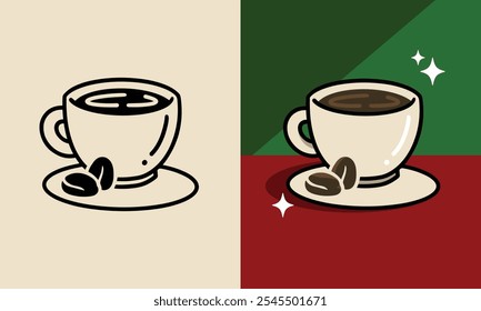 A cup of coffee icon is illustrated with an outline-style version and a color version. This coffee cup vector illustration can be used for topics like cafe, menu, drink, and beverage. 