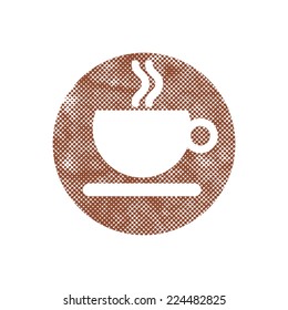 Cup of coffee icon with pixel print halftone dots texture.
