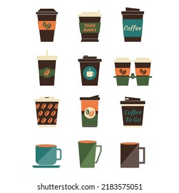 Cup coffee icon set in retro color. Collection icon coffee to go. Different types coffee cup isolated on white background. Coffee drink logo for menu cafeteria, pub, restaurant. Vector illustration