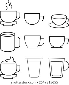 Icono de la taza de café. Silueta de la taza de té, Vector Iniciar sesión espresso plano. Conjunto plano del icono de la taza de café, paquete, colección. Ilustración vectorial y pictograma de bonificación.