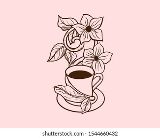 a cup of coffee illustration with flower and leaves doodle for cafe poster or wall decoration