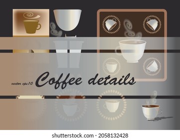 Cup of coffee. Illustration of a coffee cup and coffee grains. Set of coffee lover elements. Hot drinks to go. Vector illustration