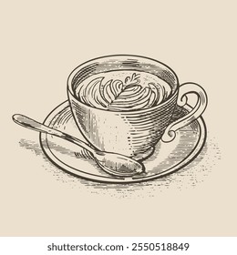 Cup of coffee, illustration in the style of a medieval engraving