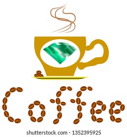 Эмблема для бистро. Эмблема для кафе. A cup of coffee with the image of an emerald. The inscription of coffee beans.