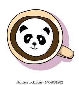 A cup of coffee with the image of a panda on a foam, logo design, for advertising cafes or coffee houses, illustration for menus or articles about food and coffee, vector clip art