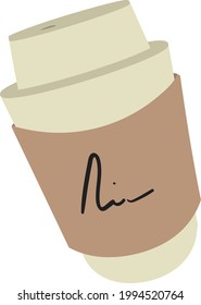 Una copa de café en un contenedor para ir con su nombre aislado en fondo blanco. 