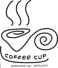 A cup of coffee with the inscription coffee cup. Simple symbolic cartoon drawing. Web icon. Vector art graphics. Black and white