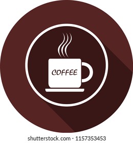 A cup of coffee with an inscription. White flat image in a white contour of a circle with a long shadow
