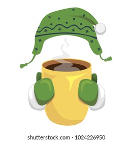 Cup of coffee isolated. Hands hold cup of hot coffee. Mug vector illustration