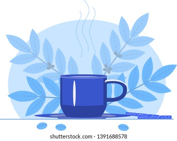 Cup of coffee isolated image of flat black .A Cup of coffee on the background of blue branches. Vector image of coffee Cup for banner design
