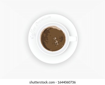 Cup of coffee isolated on white, top view.