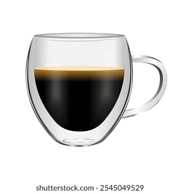 Xícara de café isolada sobre fundo branco. Caneca de vidro de parede dupla com bebida quente, expresso. Ilustração vetorial