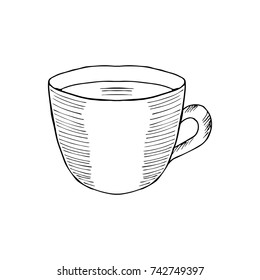 Cup of coffee, isolated on white. In sketch style. Hand draw illustration. For templates and layouts, mock up.
