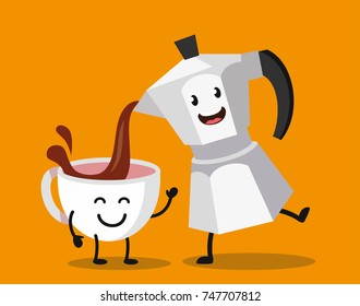 Cup of coffee and italian maker pot. Vector flat