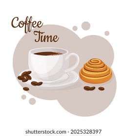 Cup of coffee and kanelbulle. Coffee time concept. Isolated hand drawn vector illustration of cute breakfast food. Vector illustration