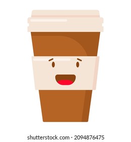 A cup of coffee with a label and a cheerful face in the flat style