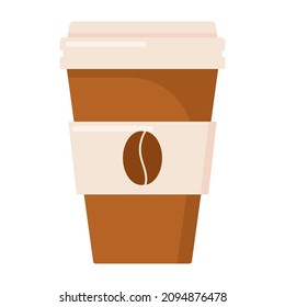 A cup of coffee with a label and a coffee grain in the flat style