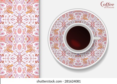 Cup of coffee with lace pattern on a saucer, seamless ethnic arabic ornament