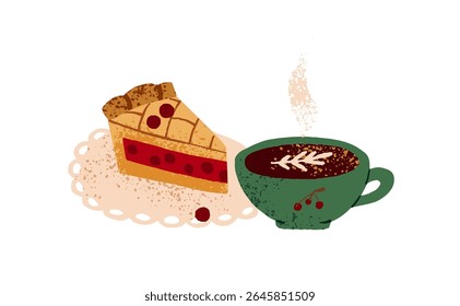 Cup of coffee with latte art and dessert in bakery. Mug of decaf drink with piece of pie in coffeehouse. Hot beverage with pastry. Flat isolated hand drawn vector illustration on white background