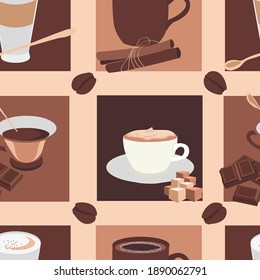 A Cup Of Coffee And A Latte With Bits Of Cane Sugar. Seamless Pattern.