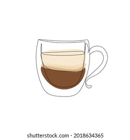 Cup of coffee, latte, cappuccino drawn in a continuous line. Continuous line with color complement. Sketch, line art, vector isolated illustration.