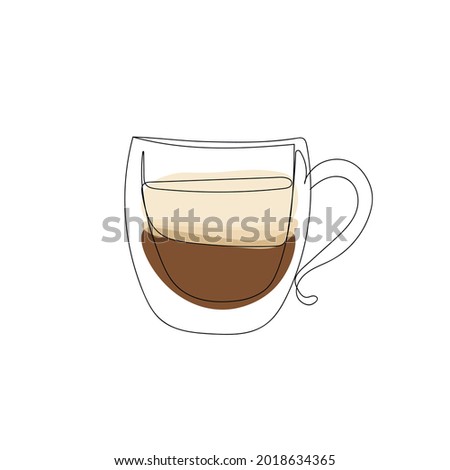 Cup of coffee, latte, cappuccino drawn in a continuous line. Continuous line with color complement. Sketch, line art, vector isolated illustration.