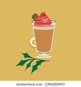 Cup with coffee latte, cookie and whipped cream isolated on yellow background. Hot Christmas winter drinks. Glass Mug for Xmas, New year or winter holidays