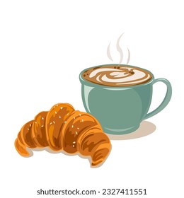 A cup of coffee latte and croissant vector isolated