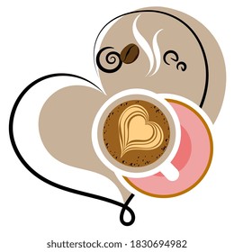 Cup of coffee latte with drawing of heart on the foam. Abstract silhouette of heart. Top view. Vector illustration.