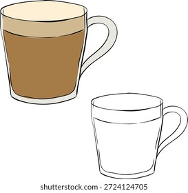 Cup of coffee with latte Isolated illustration. Vector graphic line ink colored art. Silhouette sign for logo, print, comics, fashion, pop art, boards, design, stickers, decoration, posters
