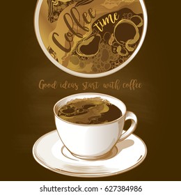 Cup of coffee latte isolated on dark background vector sketch isolate illustration
