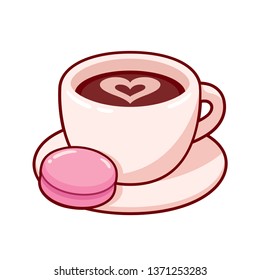 Cup of coffee latte with macaron cookie. Cute cartoon cafe drawing. Isolated vector illustration.