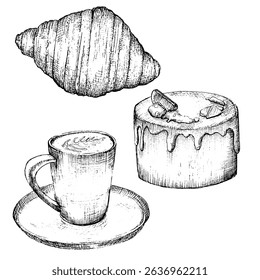 Cup of coffee latte on a saucer, croissant and cake, vector graphics, set, hand-drawn sketch. Black and white graphics
