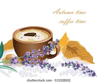 Cup of coffee, lavender and autumn leaf isolated. Seasonal cookies and morning coffee concept. Vector illustration