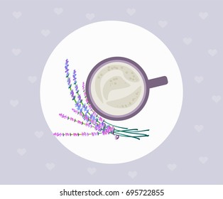 Cup of coffee and lavender top view. Vector illustration