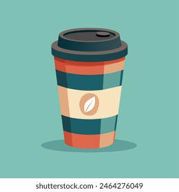 A cup of coffee with a leaf resting on top, set against a blue background