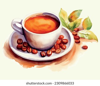 A cup of coffee with leaves and beans isolated on white background, vector image