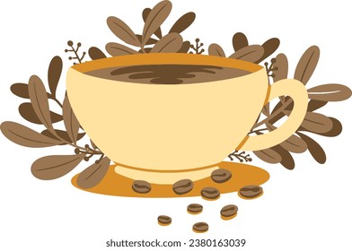 Una taza de café con hojas, gráficos planos simples para café, café, ilustración vectorial