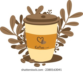 A cup for coffee with leaves, simple flat graphics for cafe, cafe, Vector illustration